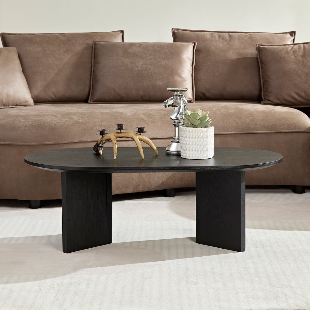 Minimalist Wooden Grain Coffee Table with Double Triangle Pedestal