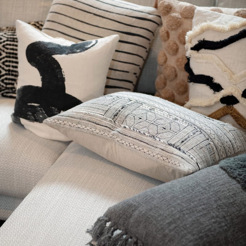 Embroidered Cotton Lumbar Pillow, Black & White