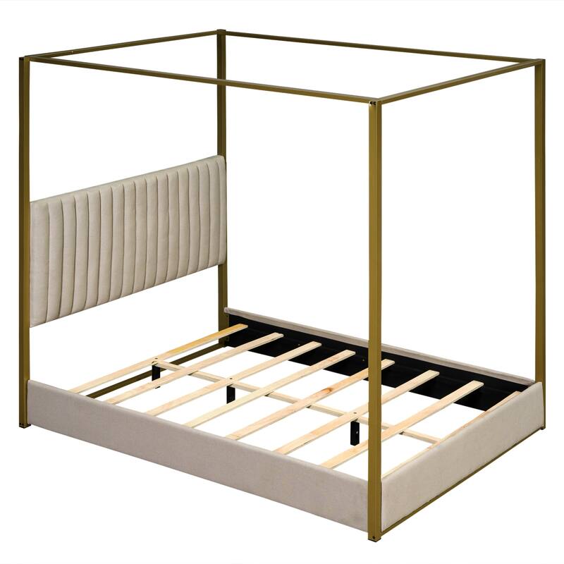 Queen Size Canopy Platform Bed with Upholstered Headboard, Sturdy Metal Frame, and 4-Poster Design, Perfect for Master Bedrooms