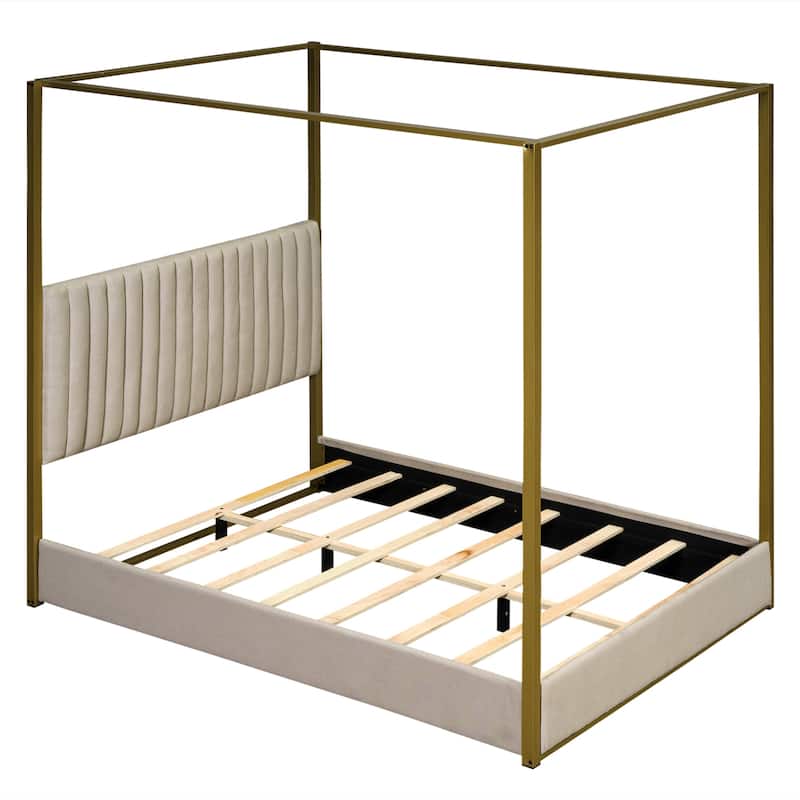 Queen Upholstery Canopy Bed with Soft Linen Headboard and Sturdy Metal Frame