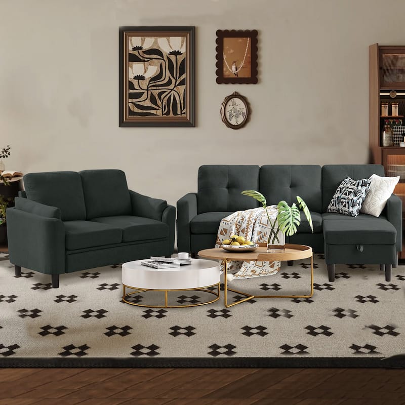 3 Pieces Living Room Set with Storage Ottoman - Black