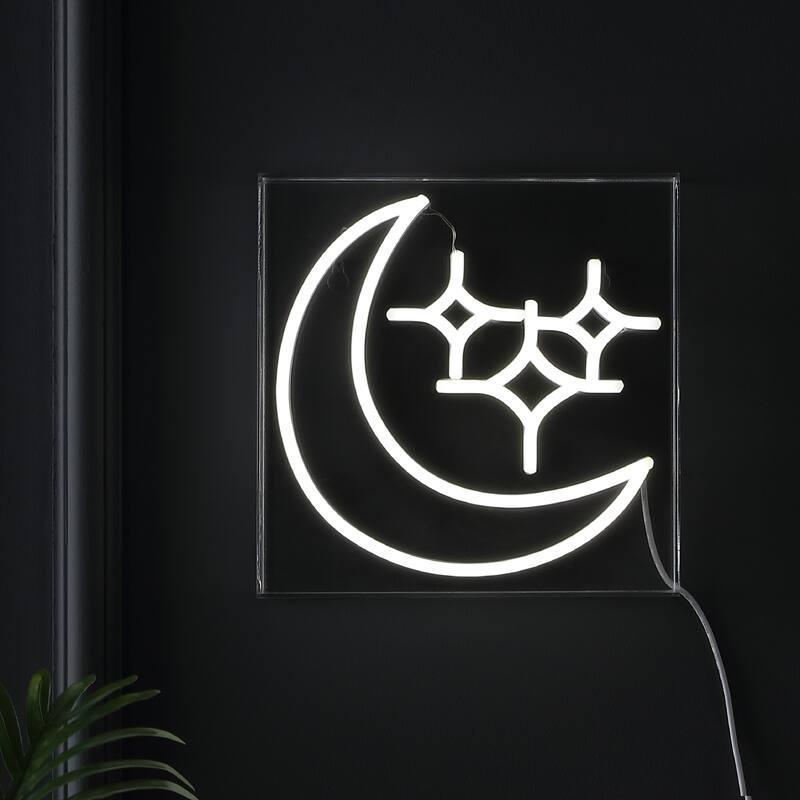 Starry Crescent 10" Square Contemporary Glam Acrylic Box USB Operated LED Neon Light, White by JONATHAN Y