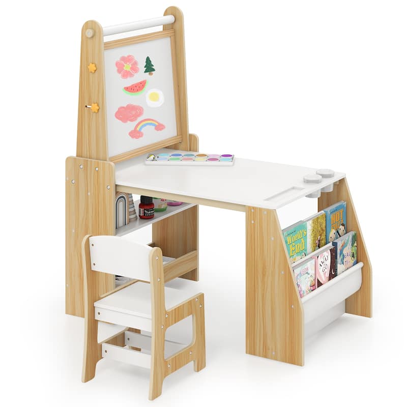 Kids Art Table and Chair Set with Easel and Chair for Drawing Reading - Natural