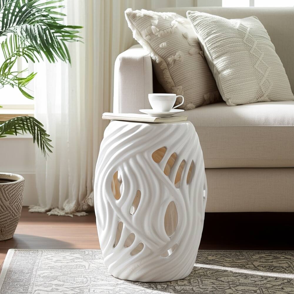 Ceramic Garden Stool Openwork Wave Design for Home Office - 19" White