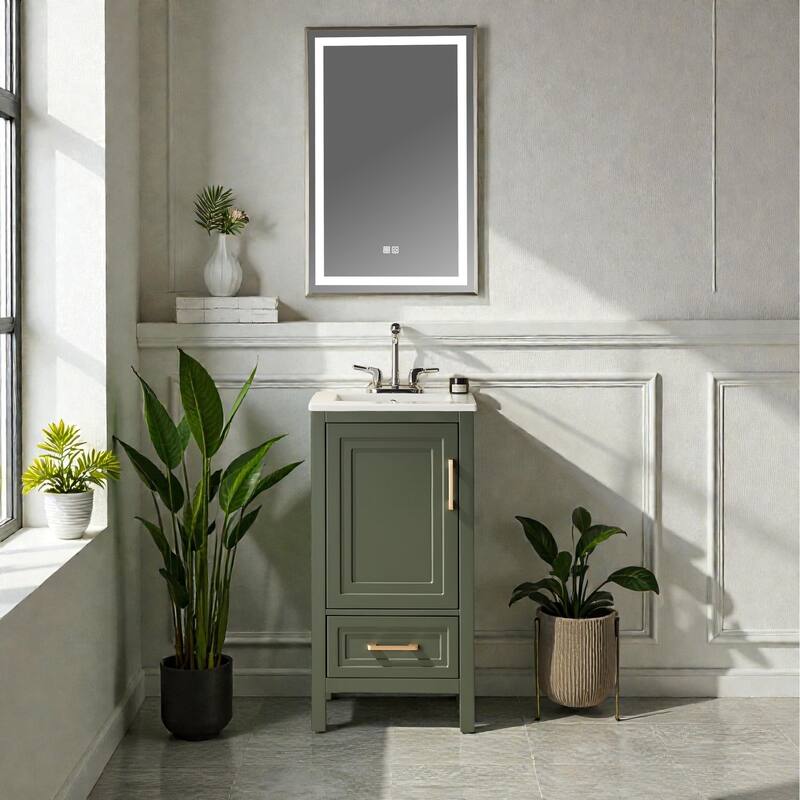 18" Fully Assembled Freestanding Bathroom Vanity with Top, Solid Wood Cabinet & Soft-Close Door and Drawer Design - Green