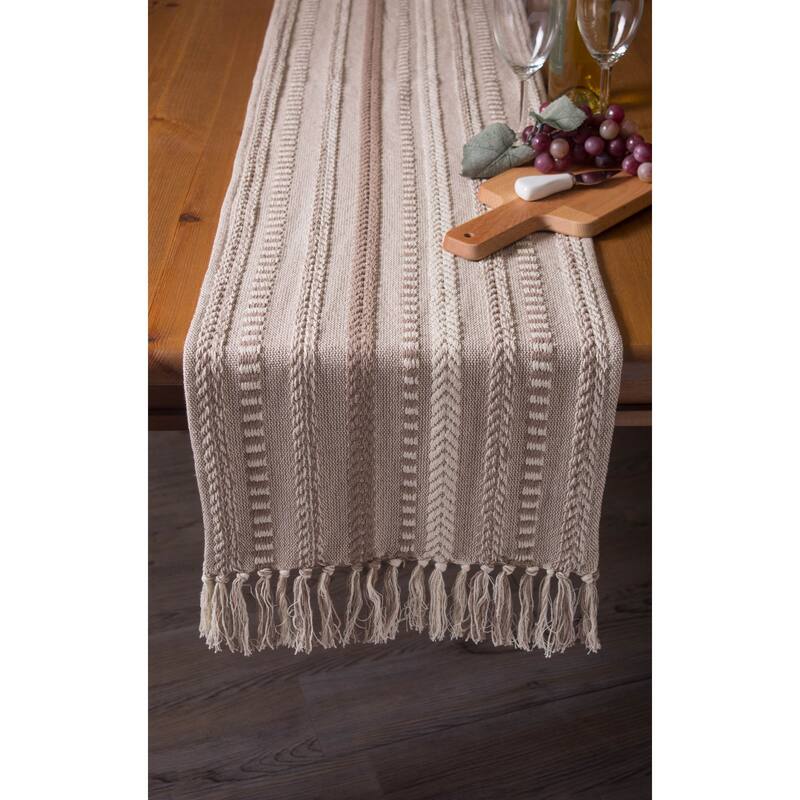 Braided Stripes Cotton Table Runner with Knotted Fringe - 108" - Brown and Beige