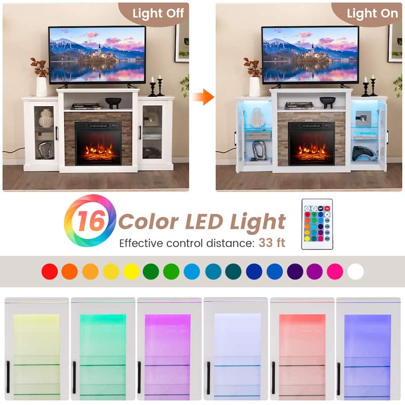 Electric Fireplace TV Stand with 16-Color LED Lights and Adjustable Glass Shelves for Living Room - 59" x 10" x 32.5"