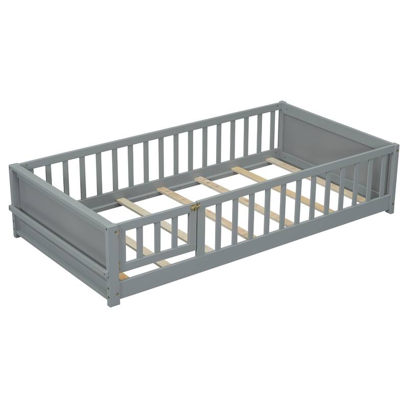 Twin Size Wood Platform Bed with Built-in Book Storage Rack and Door