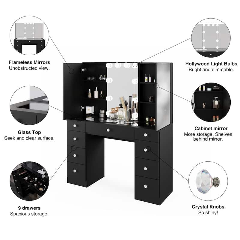 Boahaus Hollywood Makeup Vanity Desk with Lighted Mirror and Power Station; Modern Dressing Table with Storage Drawers