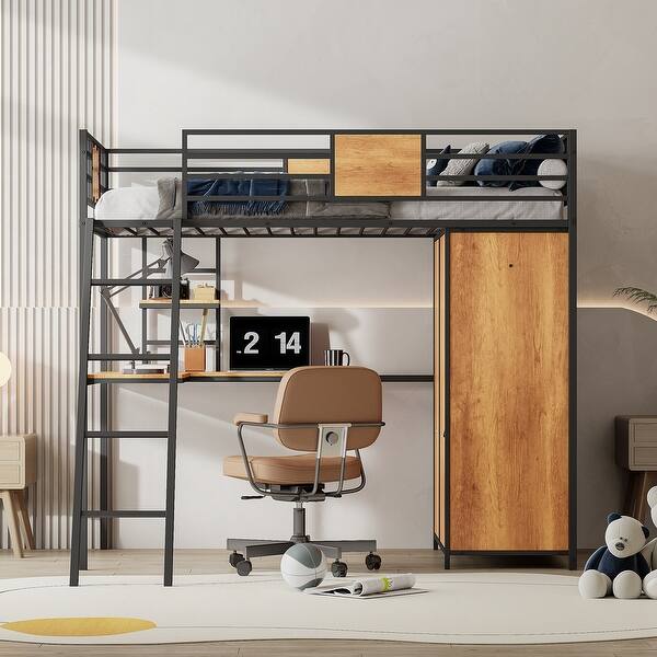 slide 2 of 18, MDF & Metal Loft Bed Frame, Kids Loft Bed with L-shape Desk and Wardrobe, Metal Slat Support Black - Twin