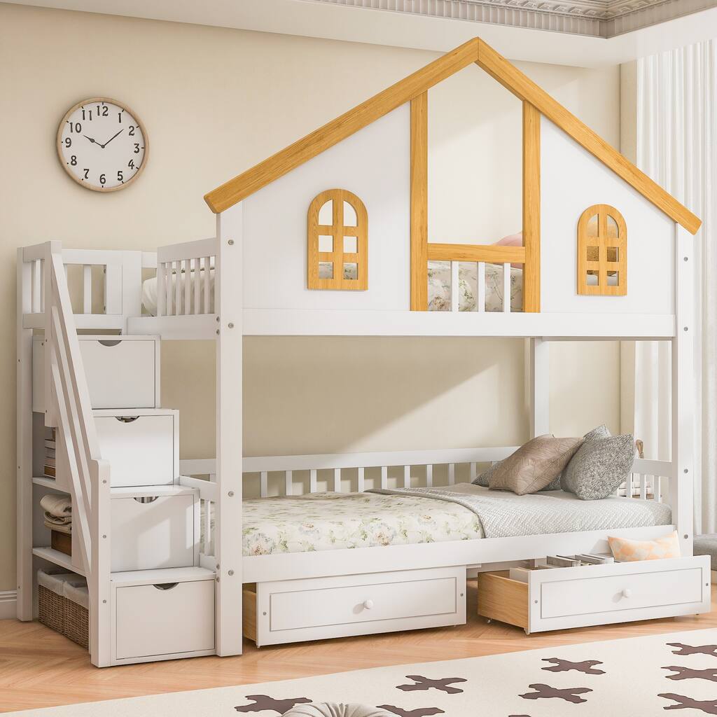 Roomfitters Twin Over Twin/Full Over Full House Bunk Bed with Window, Roof and Storage Staircase, White and Natural
