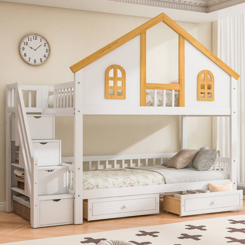 Roomfitters Twin Over Twin/Full Over Full House Bunk Bed with Window, Roof and Storage Staircase, White and Natural - White+Natural - Twin