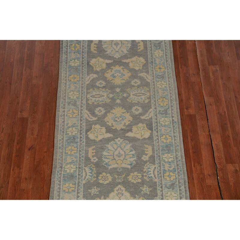 Hand Knotted Oriental 100% Wool Carpet Transitional Floral Greys & Charcoal Oushak Runner Rug - 14' 7'' X 3' 4''
