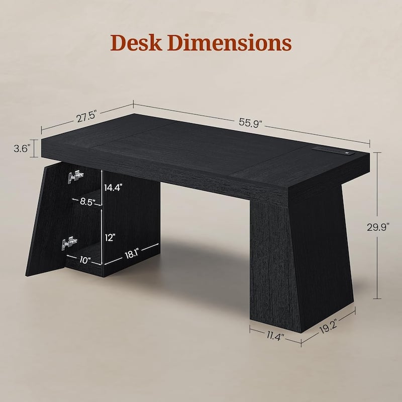 Executive Desk with Power Outlets Home Office Desk Storage Shelves Cabinet