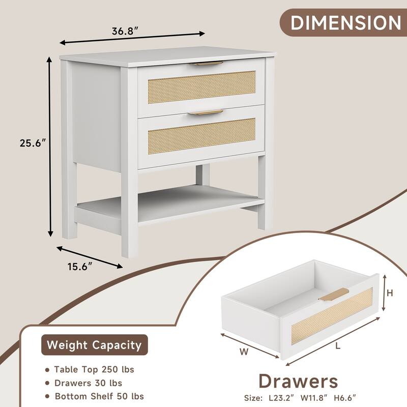 Rattan Nightstand with 2 Drawers and Storage Shelf Boho Bedside Narrow Side Table for Bedroom