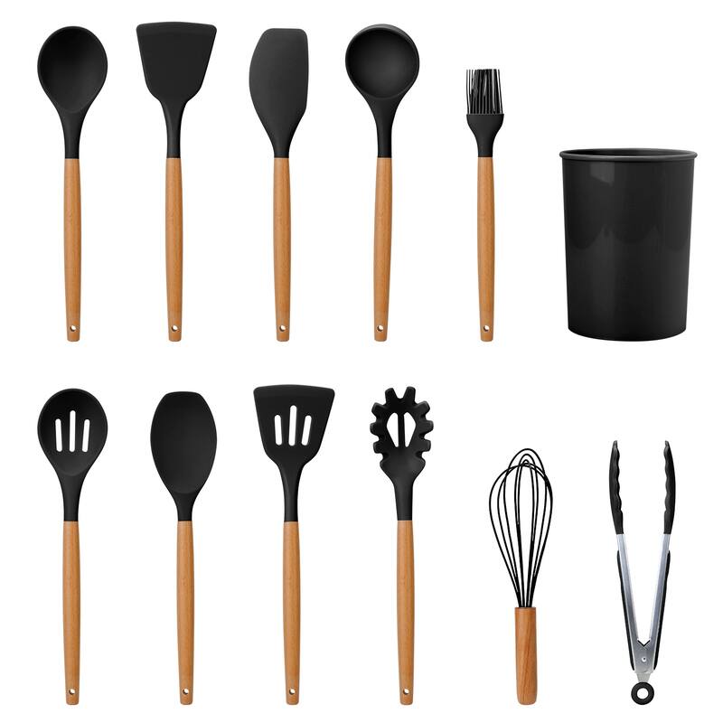11-Piece Silicone Kitchen Utensil Set Heat-Resistant with Wooden Handles Spatulas Ladle - 4.72 × 4.72 × 6.18 in