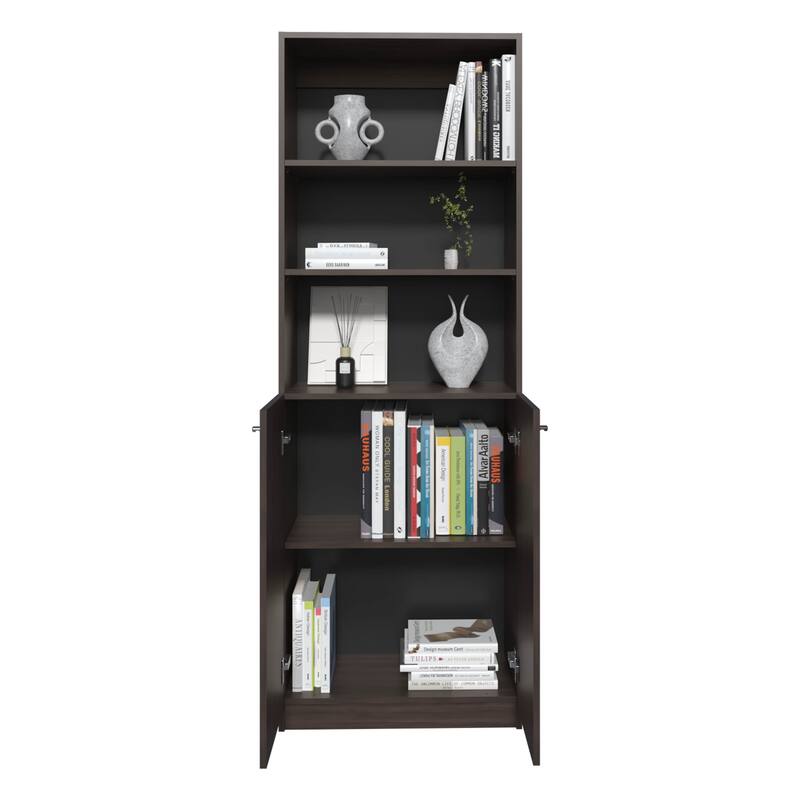 Home 2 Door Bookcase With Two Open Shelves And Concealed Storage,Stained Walnut