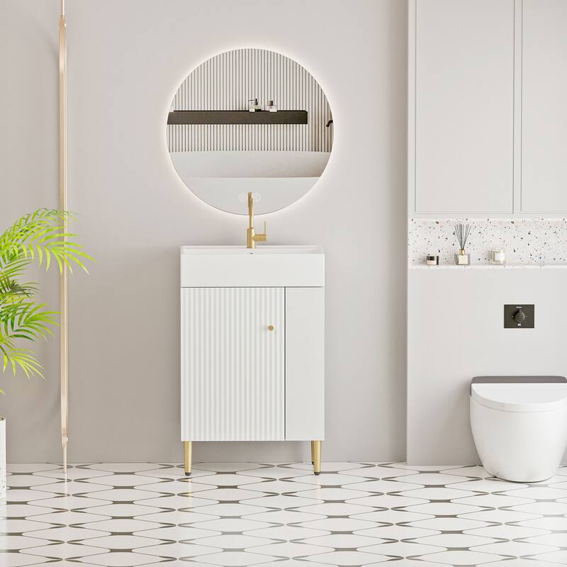 Compact White Bathroom Vanity with Ceramic Sink, Soft-Closing Cabinet, and Brushed Copper Accents for Small Spaces