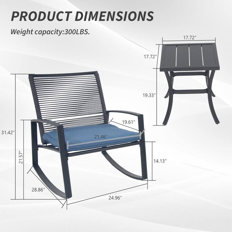 Domi Outdoor 3-Piece Wicker Rocking Chair Set, Patio Conversation Set with Removable Textilene Cushions & Metal Coffee Table - Blue