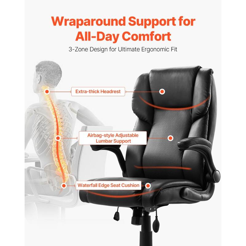 Black PU Leather Ergonomic Chair with Lumbar Support & Rocking Tilt - 28.35 x 28.54 x 50.39 in
