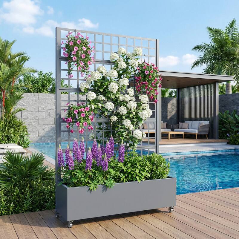 Movable Raised Garden Bed with Trellis and Lockable Wheels