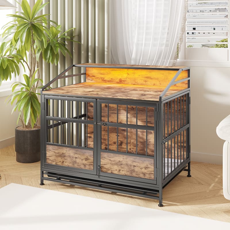 Anmytek Large Wooden Dog Crate Furniture Multi Function Indoor Dog Kennel with Storage and Double Doors