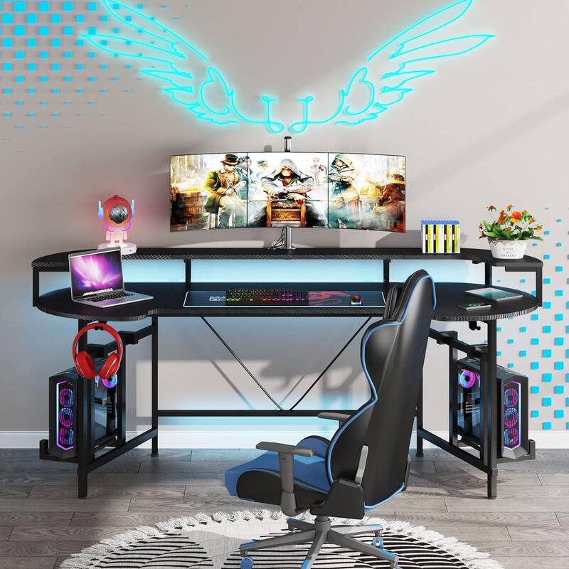 Gaming Desk with Monitor Shelf, 75 inch PC Computer Desk with LED Strip