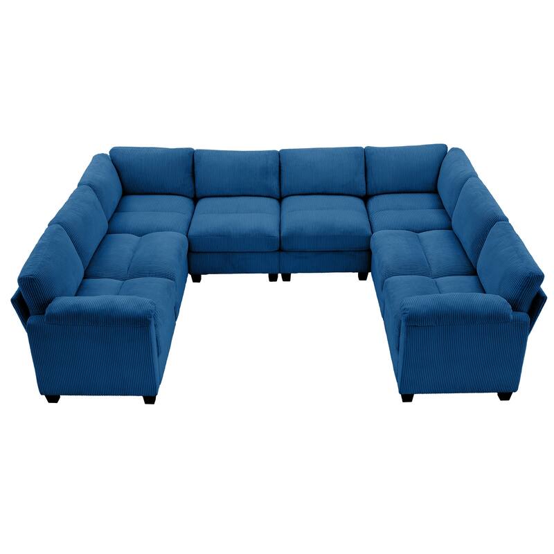 Corduroy Corner Sectional Sofas with Chaise, U-shaped Symmetrical 8-seat Modular Couch - Navy
