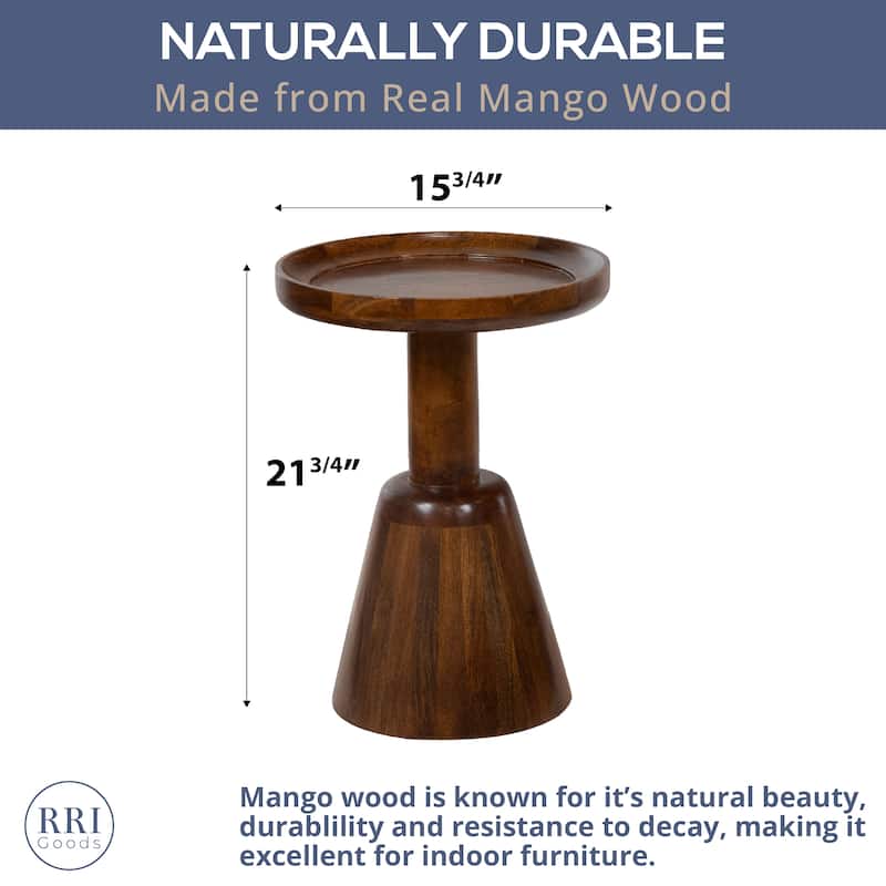 Solid Mango Wood Round Accent Side Table - Rimmed Bowl Top, Tapered Base, Dark Finish, Fully Assembled