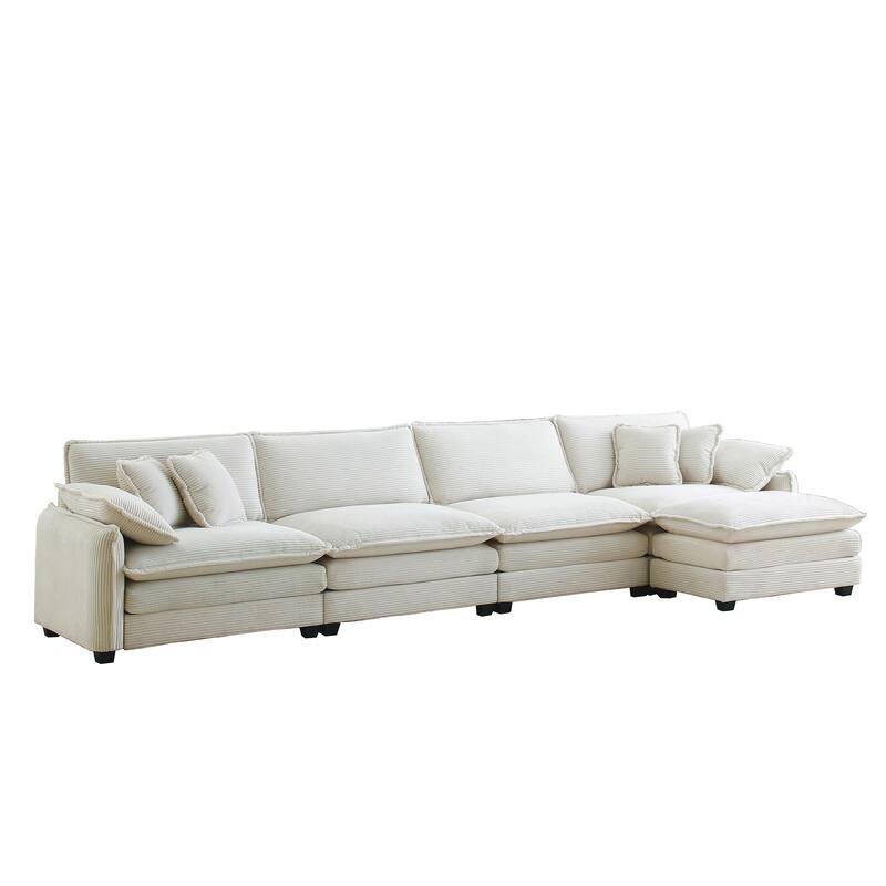 Beige 5-Piece Oversized Corduroy L-Shaped Modular Sectional Sofa with Ottoman