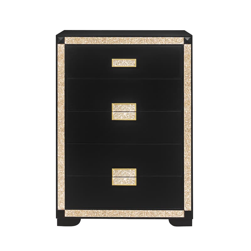 HomeRoots 48" Black And Gold Faux Crystal Bling Wood Six Drawer Dresser