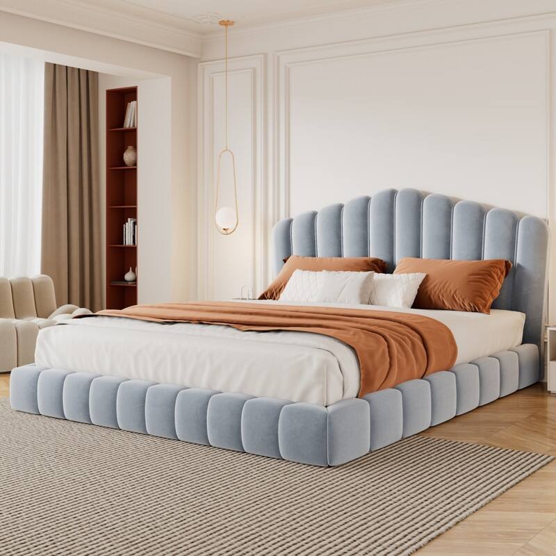 Velvet Upholstered Queen Bed Frame Shell-Shaped Headboard