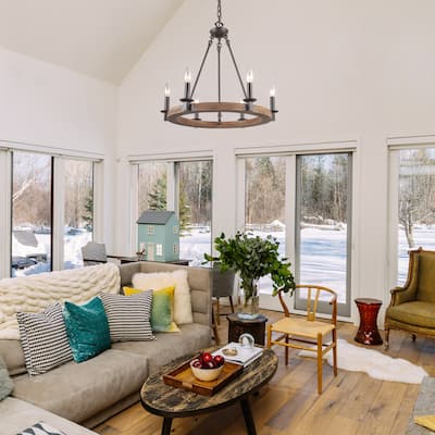 Modern Farmhouse 6-Light Wagon Wheel Chandelier Rustic Wood Kitchen Island Light for Dining Room