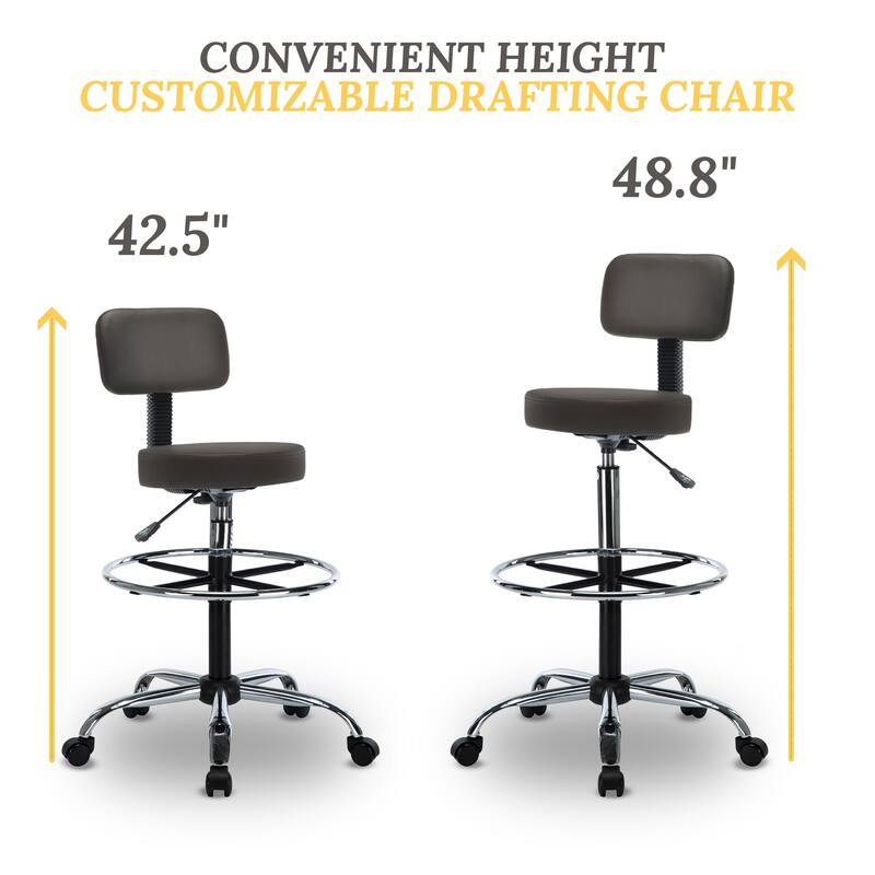 Height Adjustable Drafting Stool - With Premium Leather, Rolling Wheels