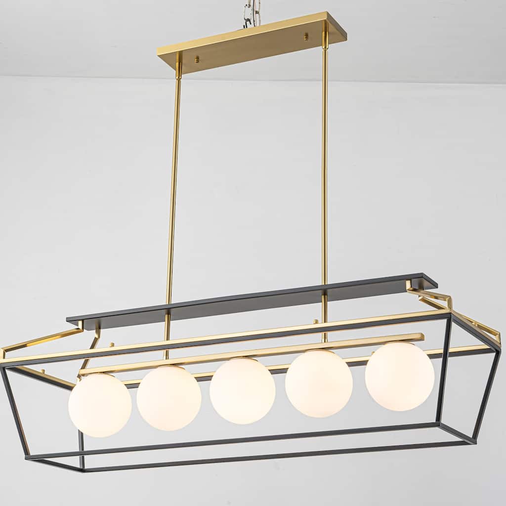 5-Light Modern Linear Chandelier in Matte Black and Brass Finish with Milky White Glass Globes for Dining Room or Kitchen Island