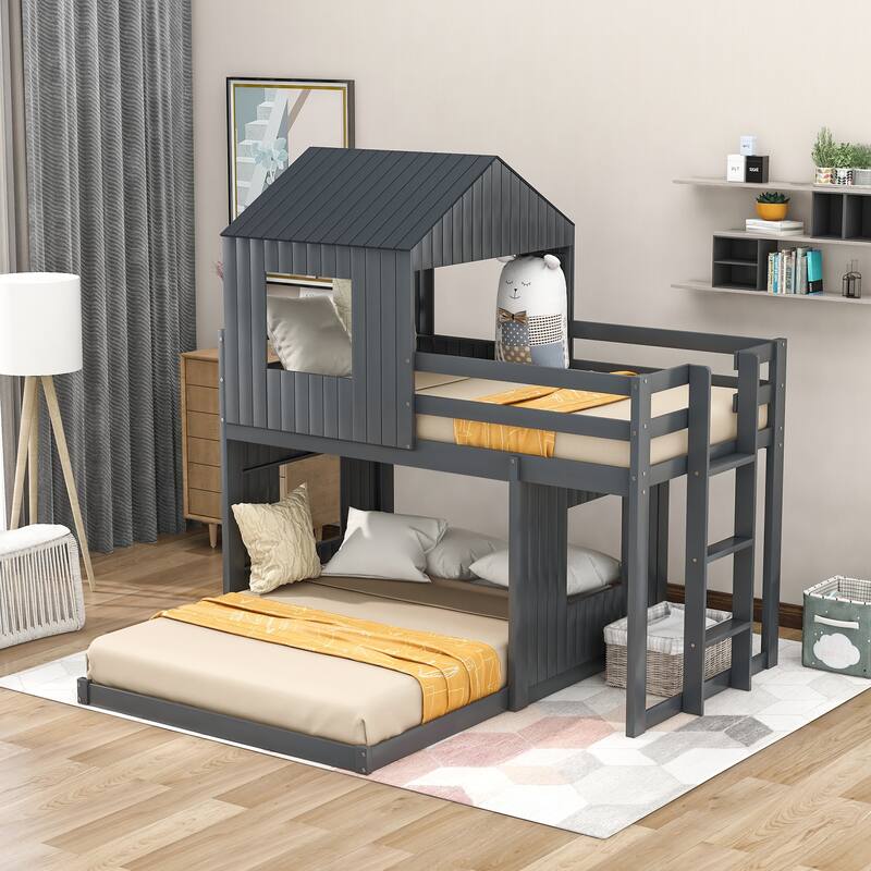 Twin Over Full House Bunk Bed Wooden Loft Bunk Bed Frames with Playhouse, Farmhouse, Ladder and Guardrails for Boys or Girls