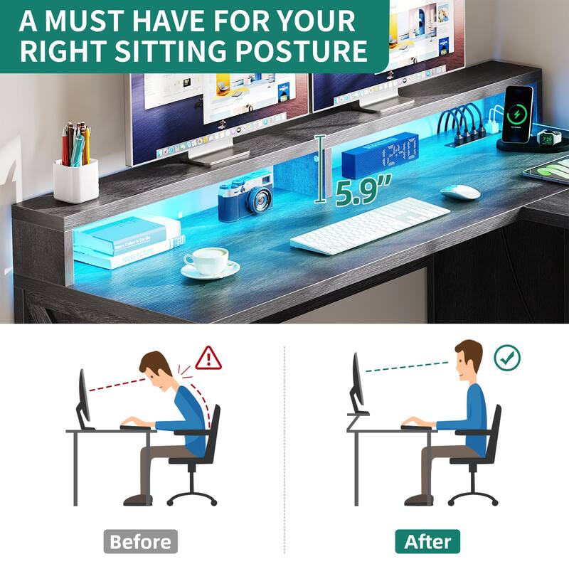 Moasis X-Design Farmhouse 60-inch Corner L-Shaped Computer Gaming Desk with Power Outlets LED Lights