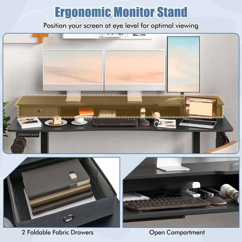 Costway 63" x 24" Electric Standing Desk with 2 Drawers Monitor Stand - See Details