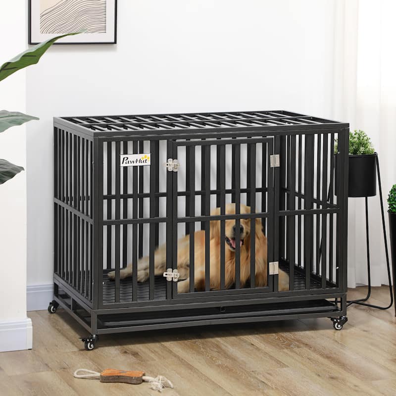 Heavy Duty Dog Crate with Lockable Wheels, Large Metal Dog Kennel Cage for Large Dogs, Pet Crate with Removable Tray