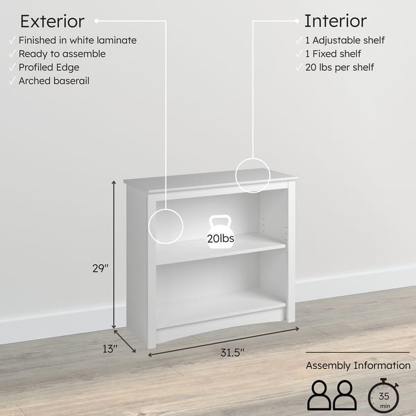 dimension image slide 3 of 5, Prepac Home Office 2-Shelf Bookcase - 31.5" W x 29" H x 13" D