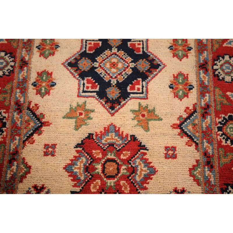 Geometric Kazak Oriental Foyer Rug Hand-Knotted Beige Wool Carpet - 2'0" x 3'0"