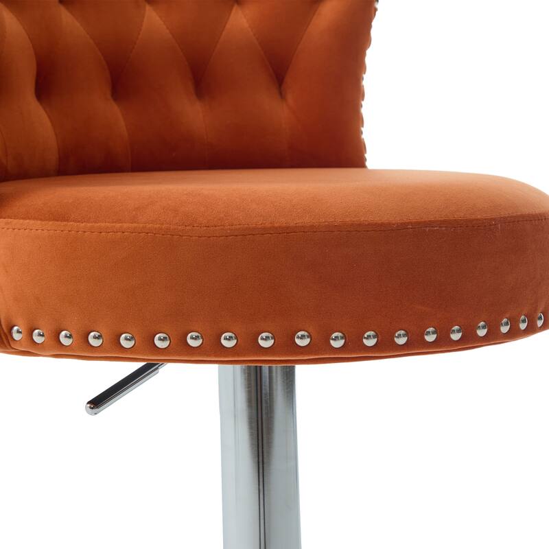 Velvet Upholstered Bar Stool Set of 2, Adjusatble Height Swivel Bar Stools, Dining Chairs with Curved Backrest & Footrest
