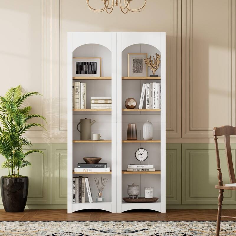 Farmhouse Free Standing 5 Tier Bookshelves Set of 2 with Adjustable Shelves for Versatile Storage - White
