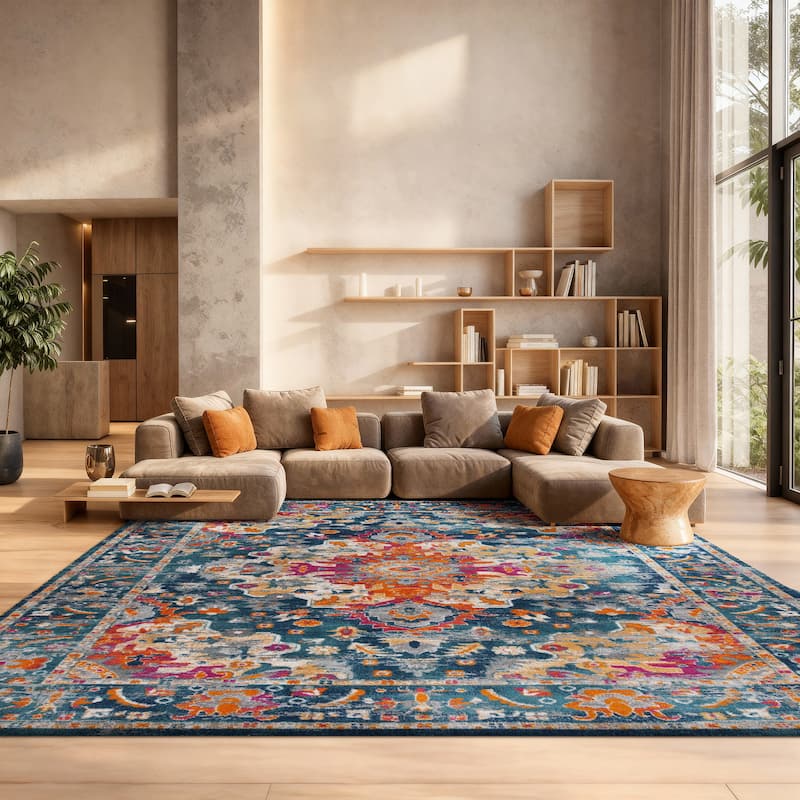 SAFAVIEH, Madison Jovita Vintage Boho Oriental Medallion Rug - 9' x 12' - Teal/Fuchsia