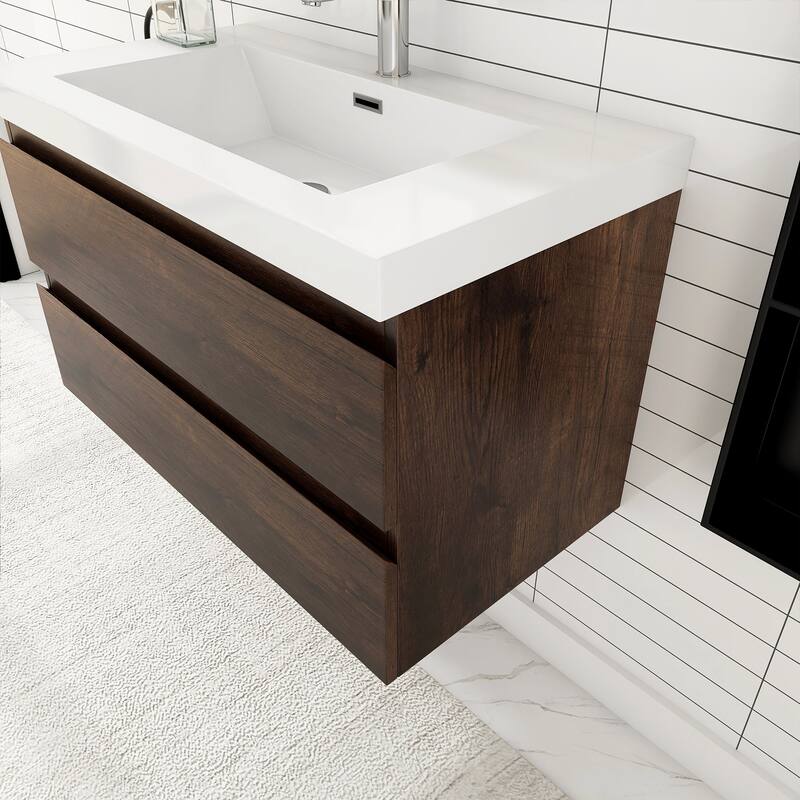 MDF Wall-Mounted Bathroom Vanity Set in Rose Wood with Integrated Culture Marble Sink