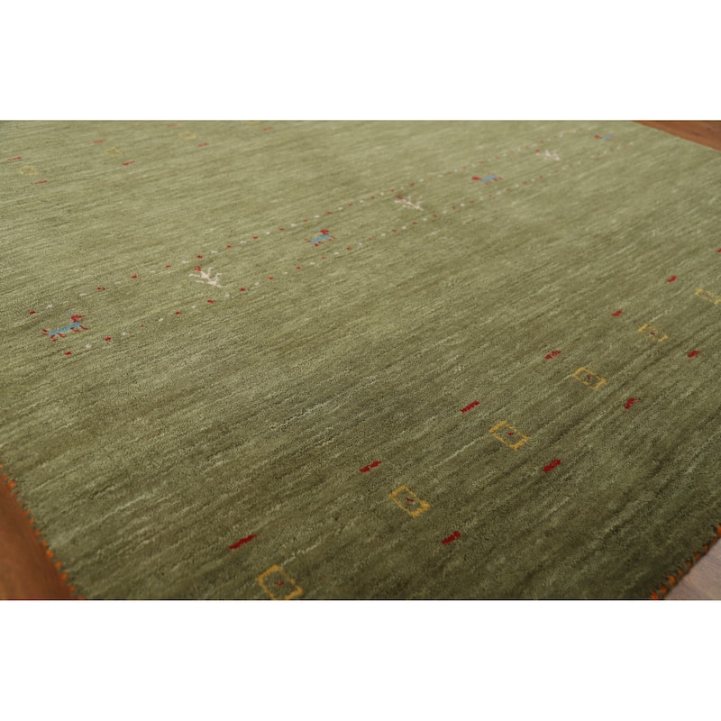 Green Tribal Gabbeh Indian Area Rug Hand-Knotted Wool Carpet - 5'0" x 7'8"