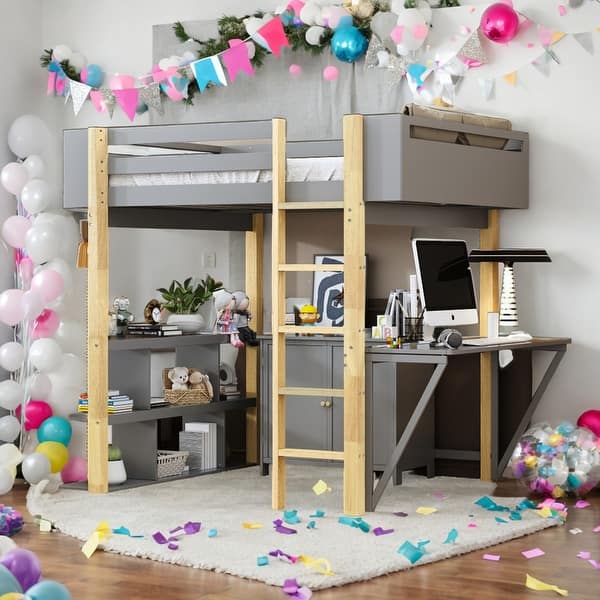 slide 2 of 19, Modern Twin Size Loft Bed With Built-in Storage Cabinet and Cubes,Foldable desk,Sturdy Frame,s Grey