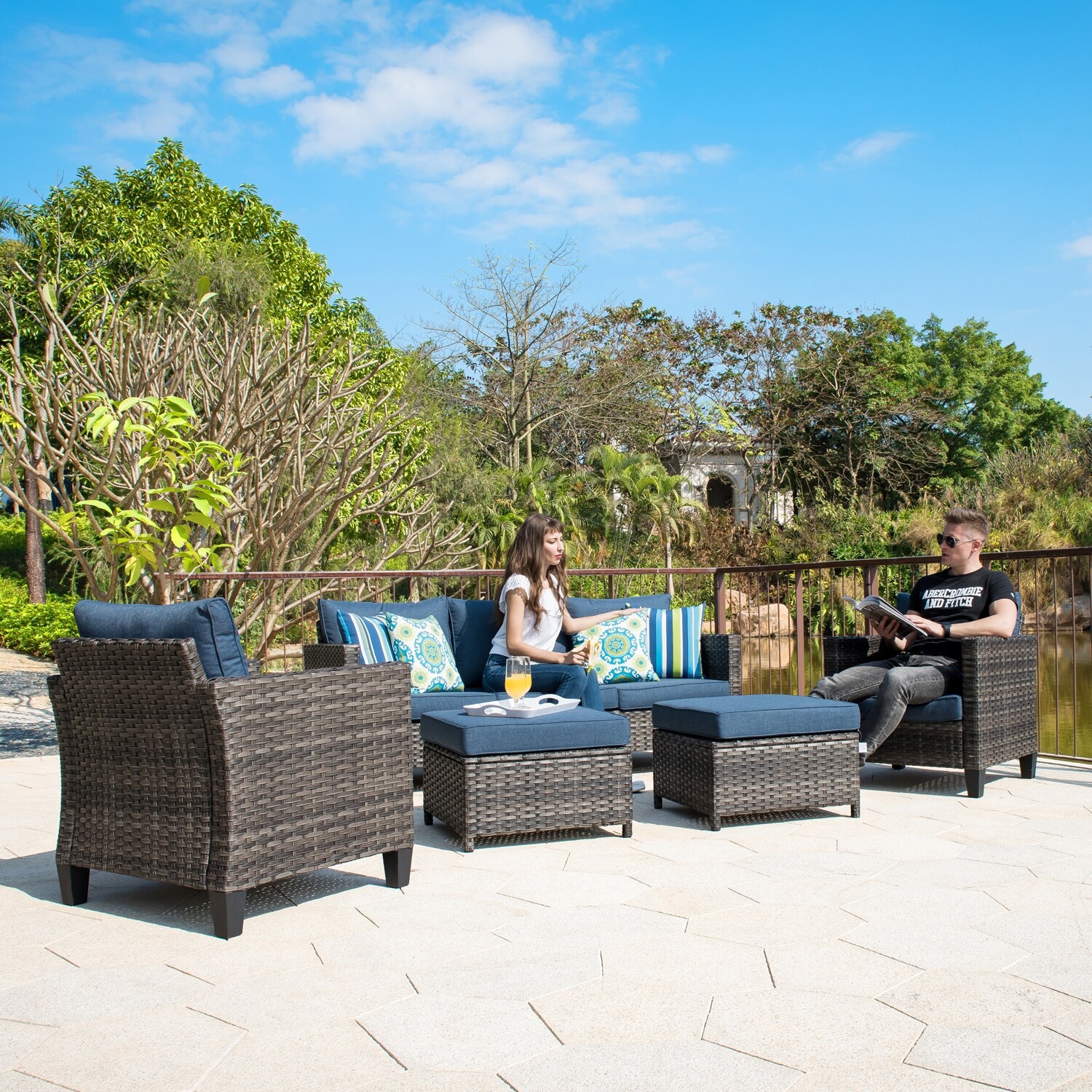 Shop Ovios 5 Piece Outdoor High Back Wicker Sectional Set Overstock 30892670