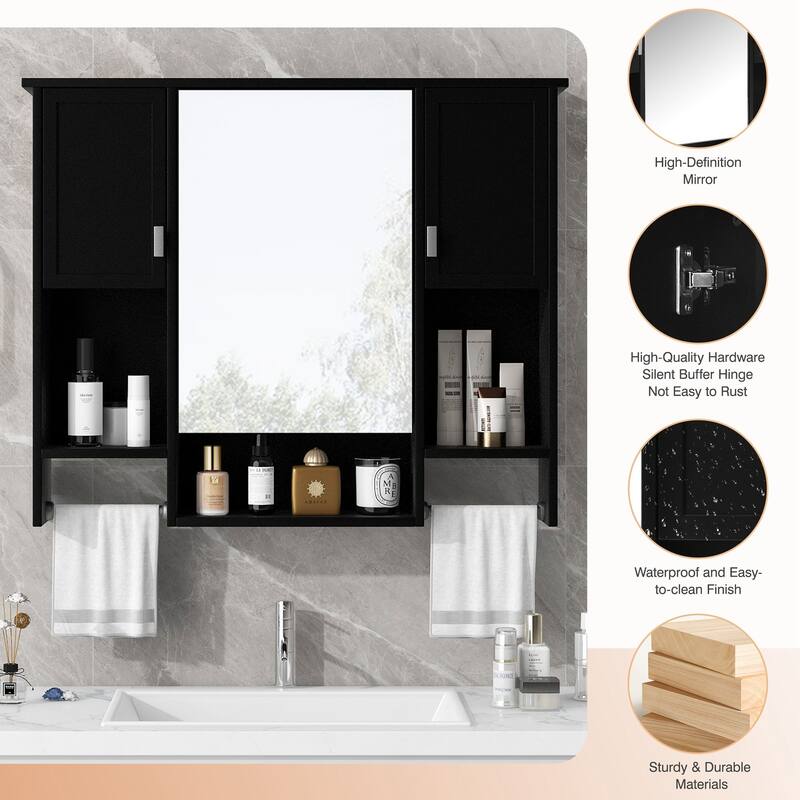 35'' x 28'' Modern Wall Mounted Bathroom Storage Cabinet with Mirror, 3 Doors, Adjustable Shelves, Towel Bar, Black
