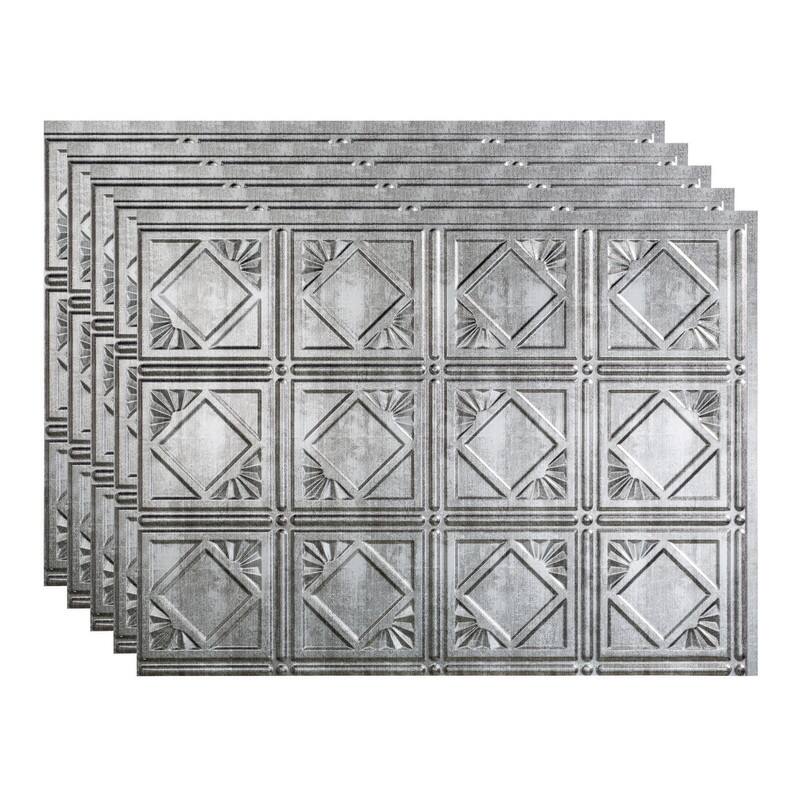 Fasade Traditional Style/Pattern 4 Decorative Vinyl 18in x 24in Backsplash Panel in Crosshatch Silver - 5 Pack